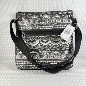 NWT Sakroots Artist Circle Flat Crossbody Bag Black & White Abstract Pattern